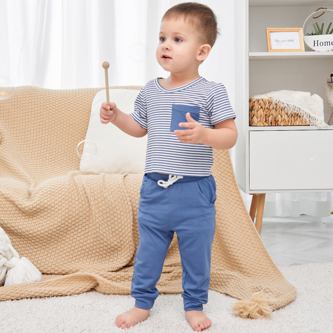 Blue Striped Color Block Pocket Tee And Jogger Set 1丨Mikrdoo