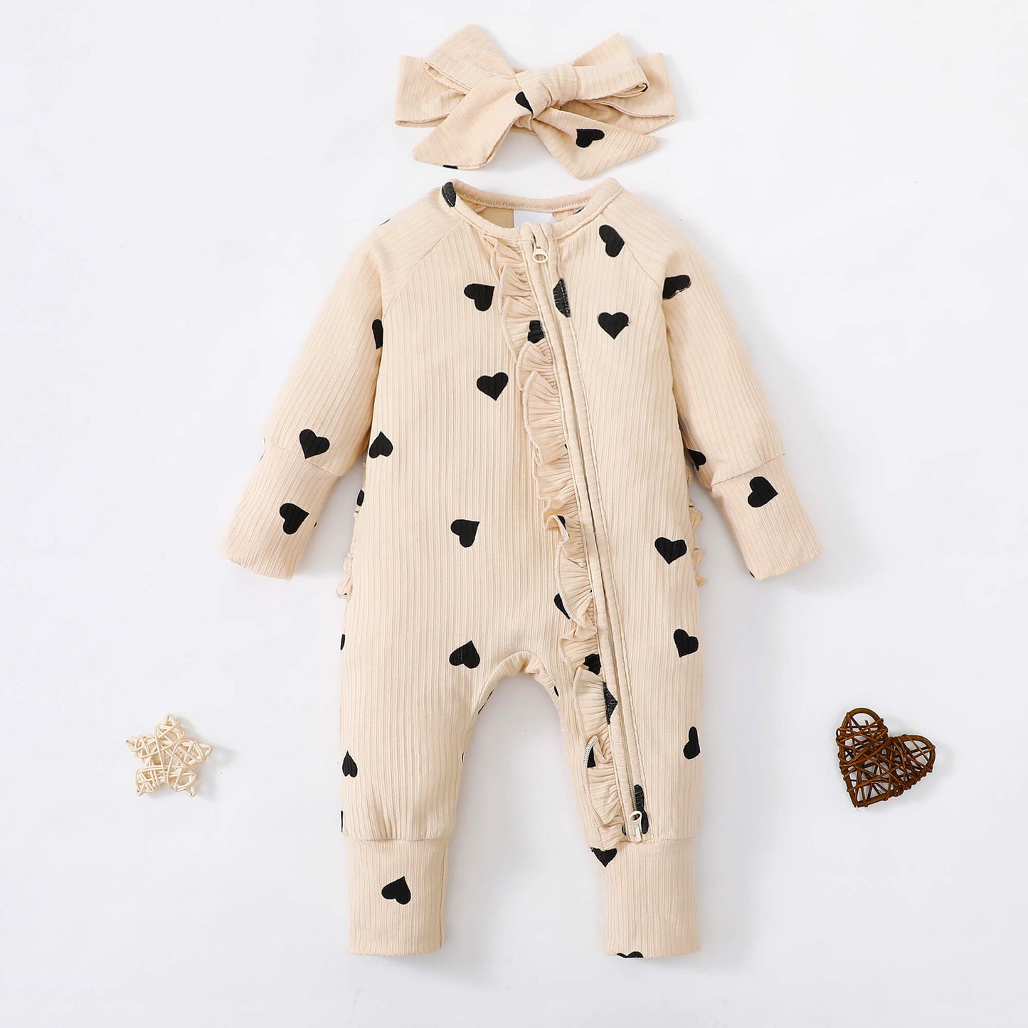 Ruffle Zip Romper in Black Heart丨Mikrdoo