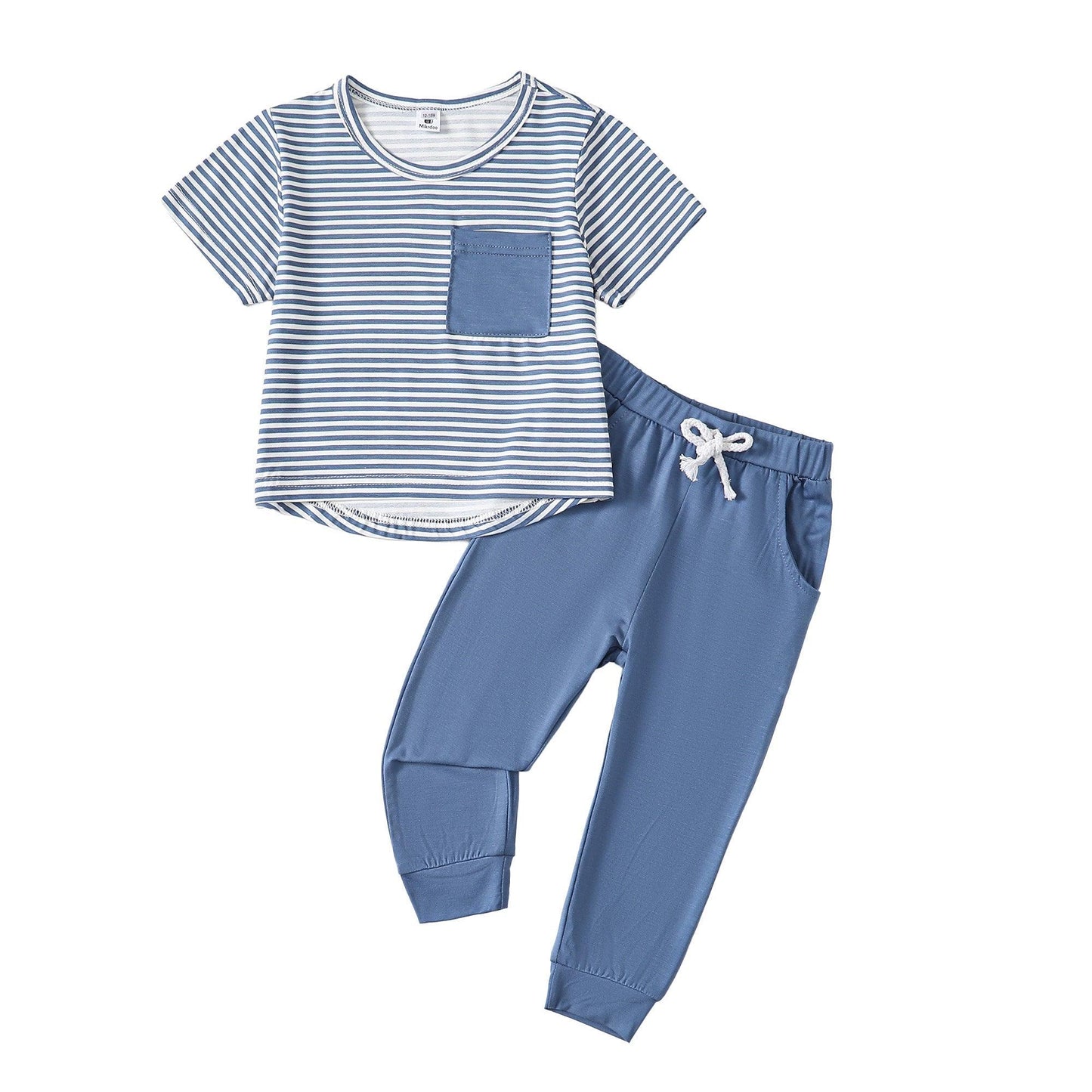 Blue Striped Color Block Pocket Tee And Jogger Set - Mikrdoo