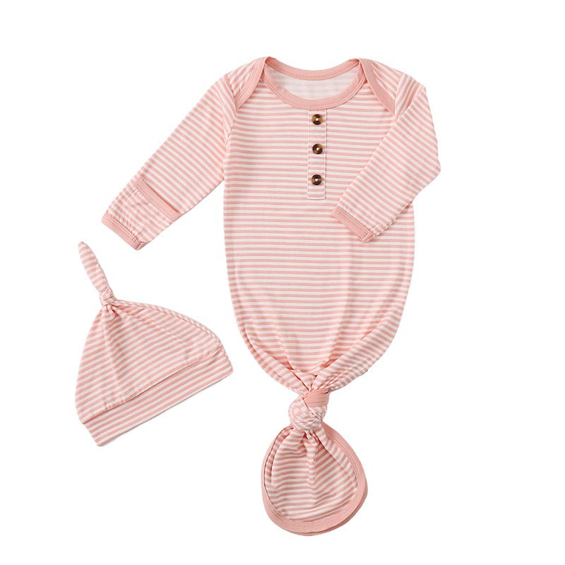 Striped Knotted Gown & Hat Set in Pink - Mikrdoo