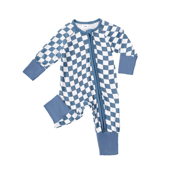 Blue Checkerboard Zip Romper丨Mikrdoo
