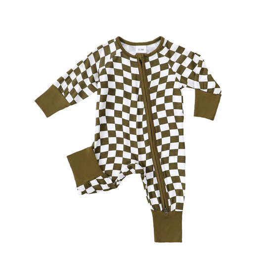 Green Checkerboard Zip Romper丨Mikrdoo
