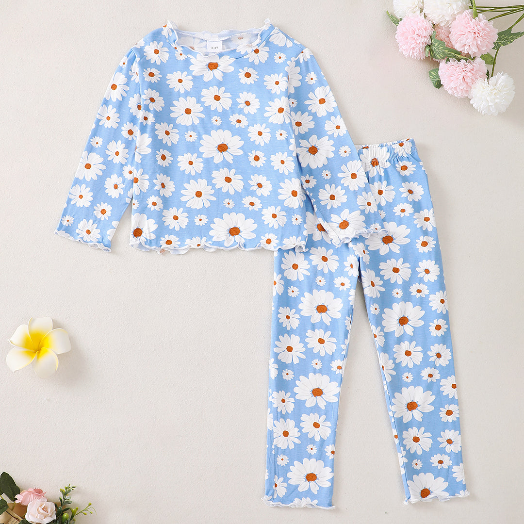 Daisy Long Sleeve Pajamas in Blue丨Mikrdoo