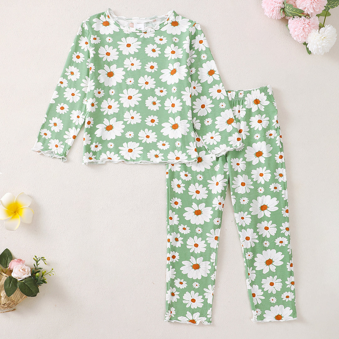 Daisy Long Sleeve Pajamas in Green丨Mikrdoo