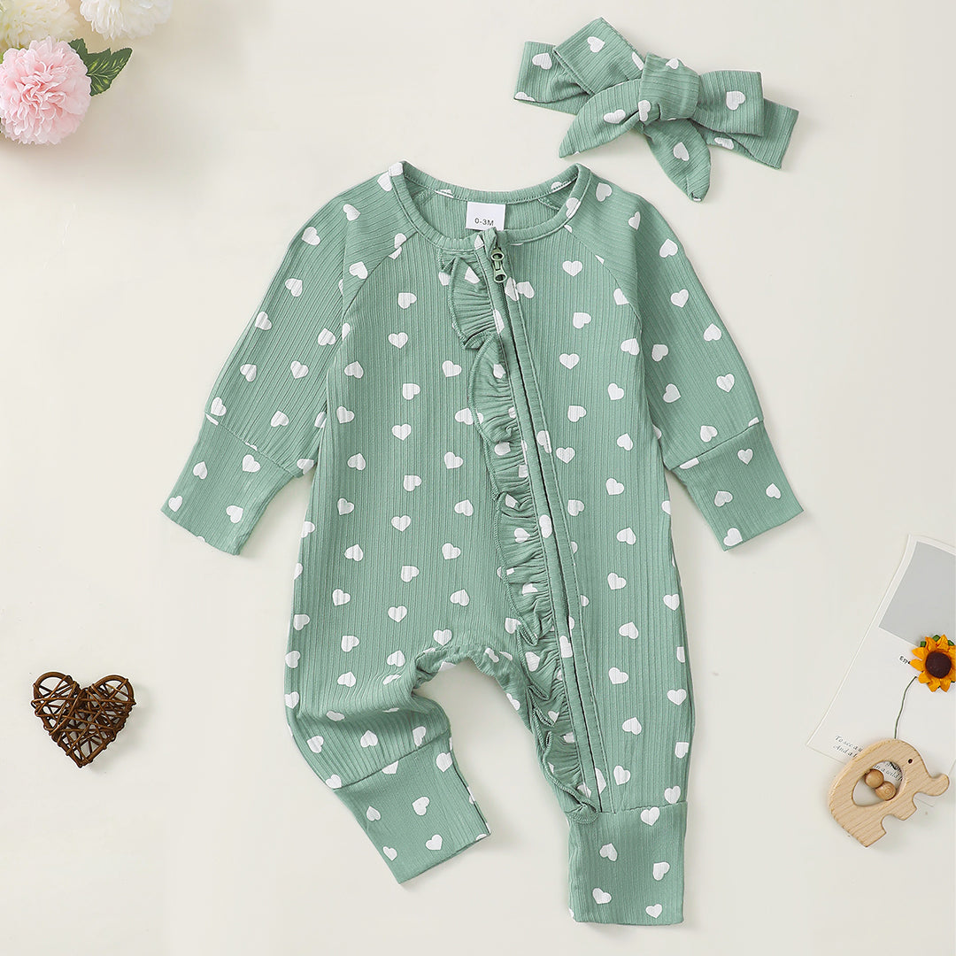 Sweethearts Ruffle Zippered Romper in Sage丨Mikrdoo