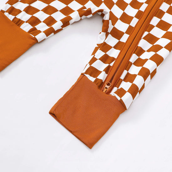 Orange Checkerboard Zip Romper丨Mikrdoo