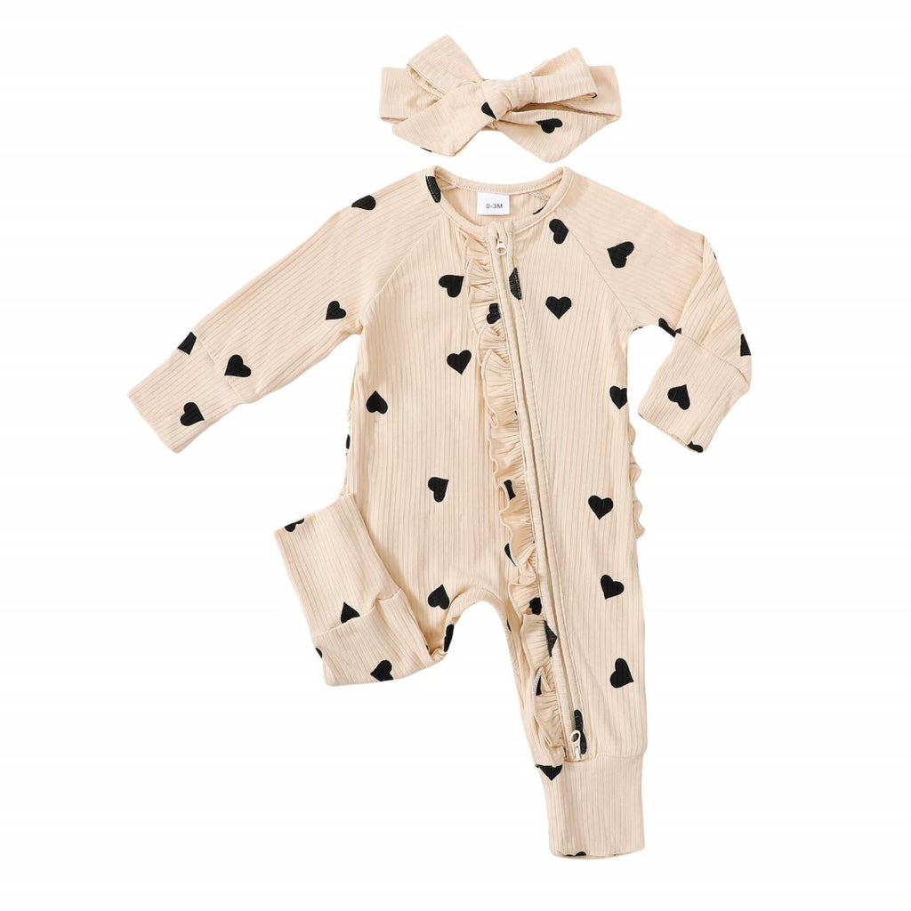 Ruffle Zip Romper in Black Heart丨Mikrdoo