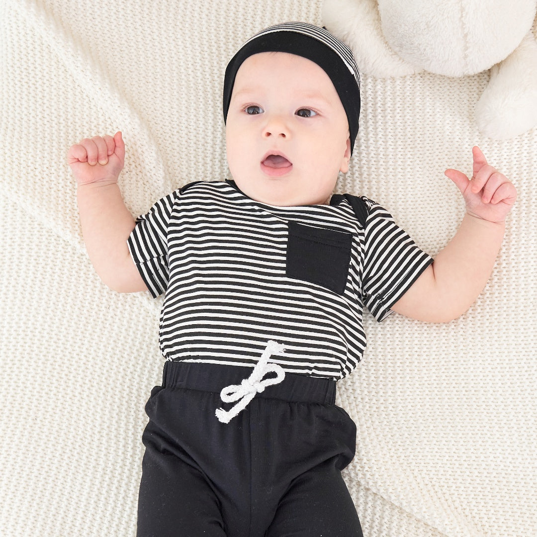 Short Sleeve Black Striped Romper And Pants With Hat Set丨Mikrdoo