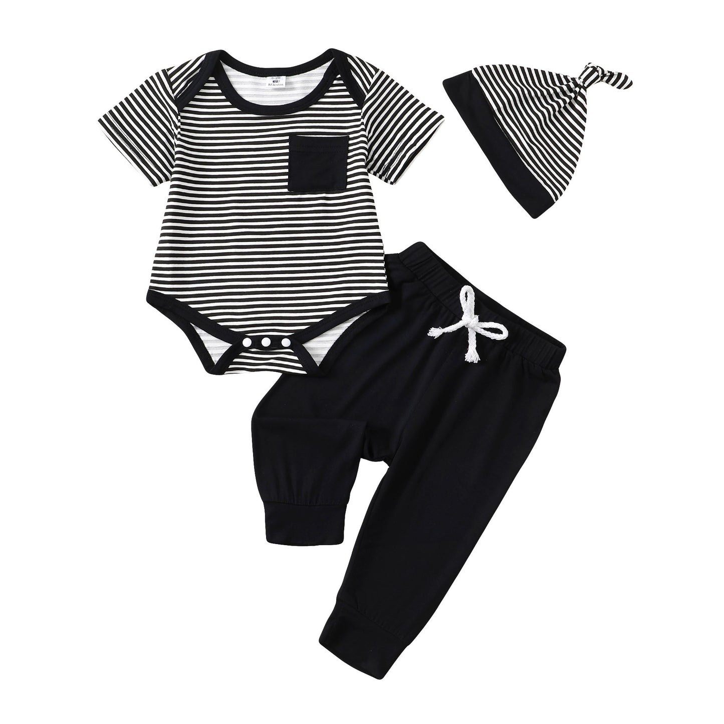 Short Sleeve Black Striped Romper And Pants With Hat Set - Mikrdoo
