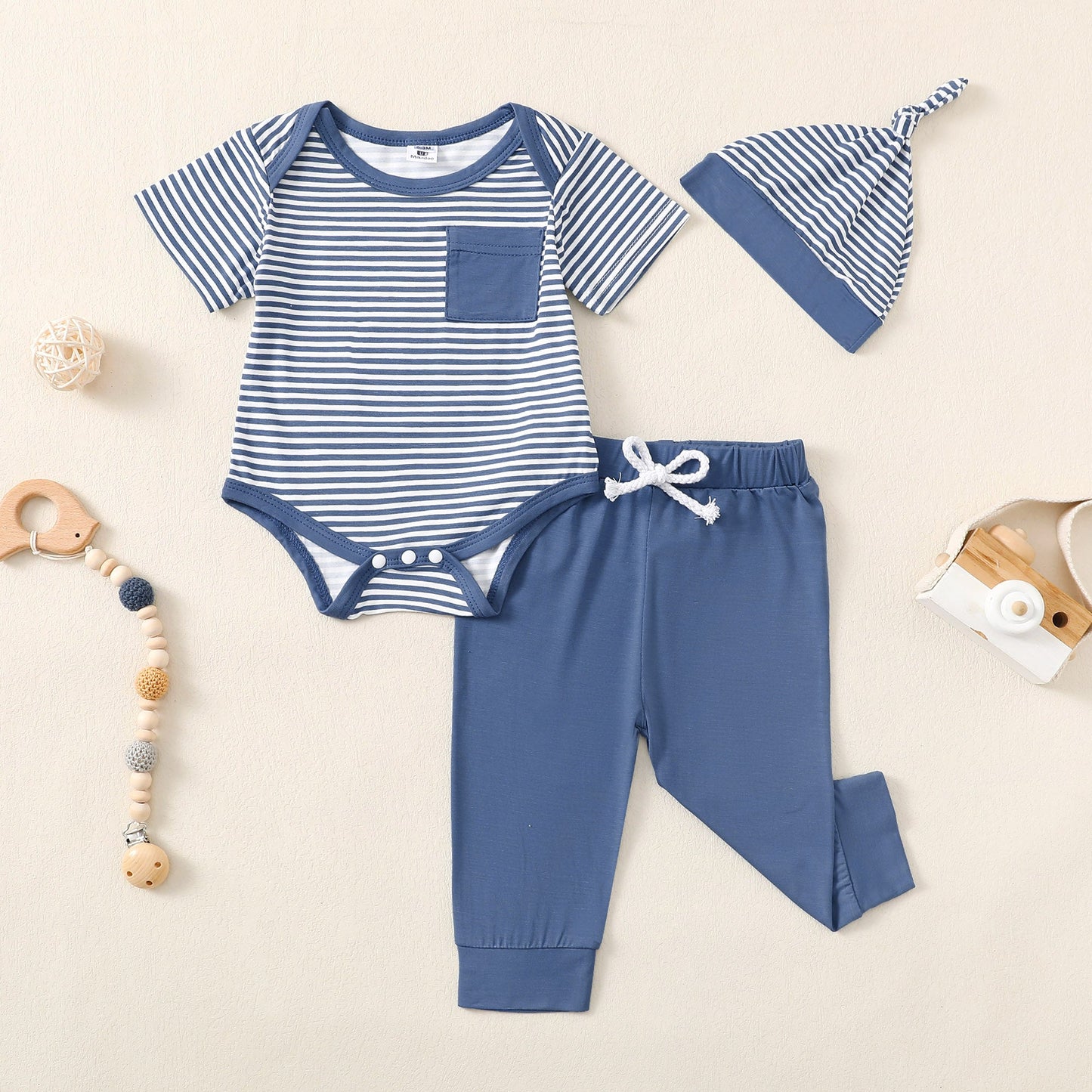 Short Sleeve Blue Striped Romper And Pants With Hat Set - Mikrdoo