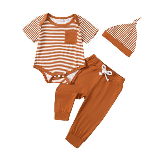 Short Sleeve Orange Striped Romper And Pants With Hat Set - Mikrdoo