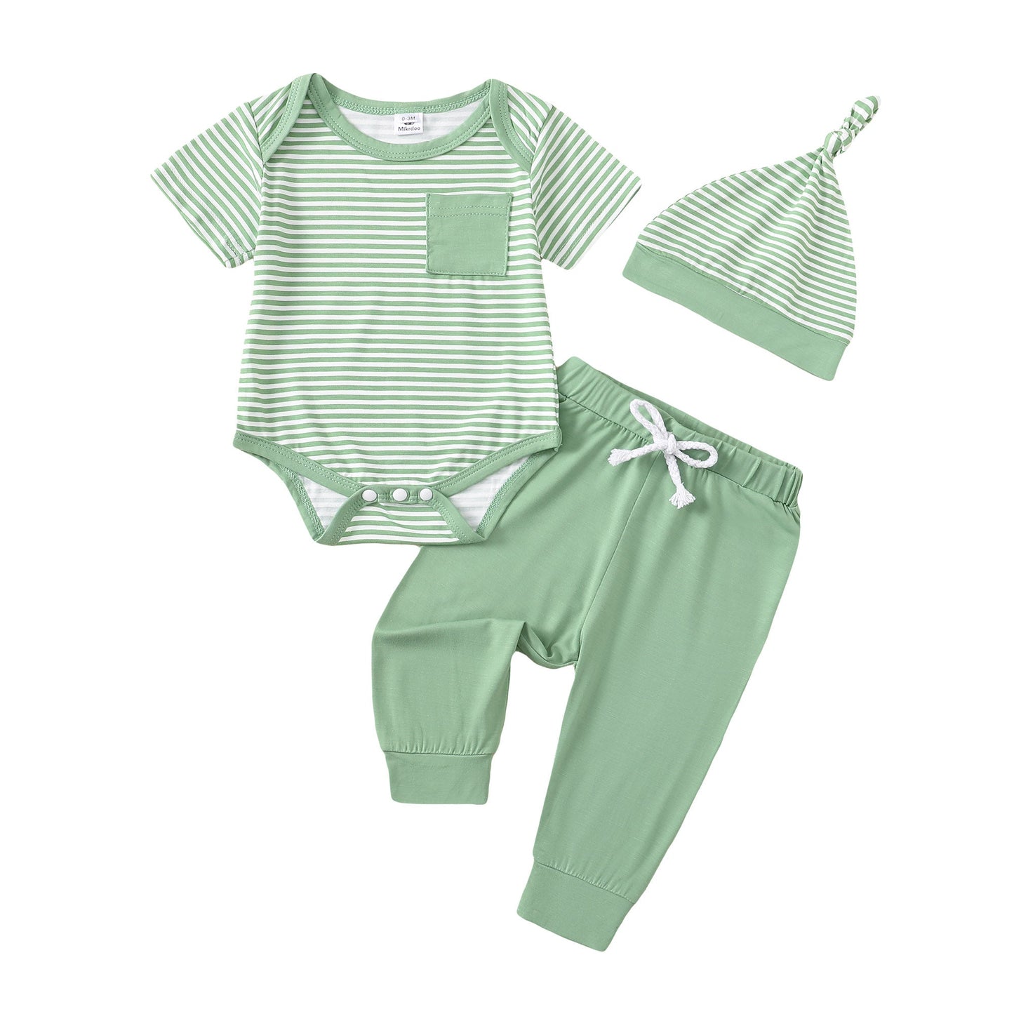 Short Sleeve Sage Striped Romper And Pants With Hat Set - Mikrdoo