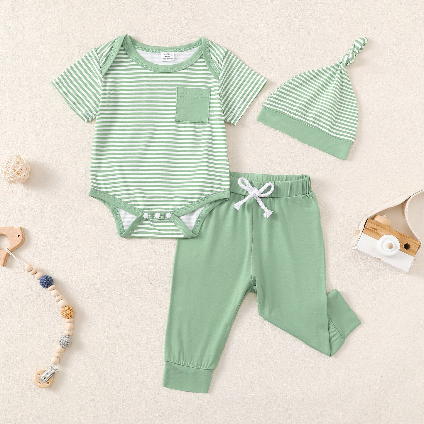Short Sleeve Sage Striped Romper And Pants With Hat Set - Mikrdoo