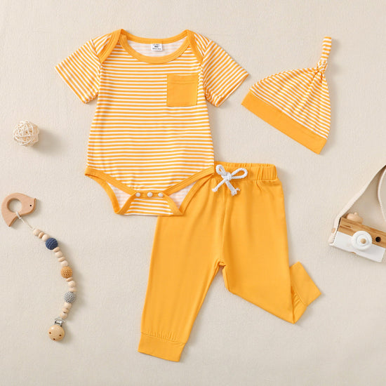 Short Sleeve Yellow Striped Romper And Pants With Hat Set - Mikrdoo