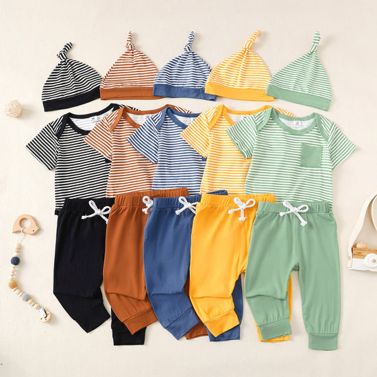 Short Sleeve Yellow Striped Romper And Pants With Hat Set - Mikrdoo